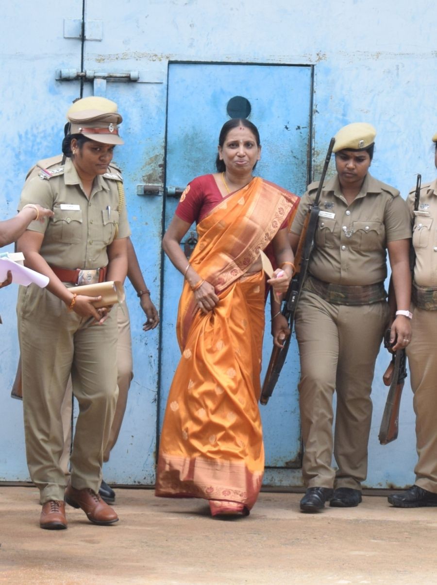Vellore: One of the convicts in the former Prime Minister Rajiv Gandhi's assassination case, S. Nalini walks out of the Tamil Nadu's Vellore jail after Madras High Court on July 5 had granted a one month parole to Nalini on her plea for a six month parole to make arrangements for her daughter's wedding; on July 25, 2019. (Photo: IANS)